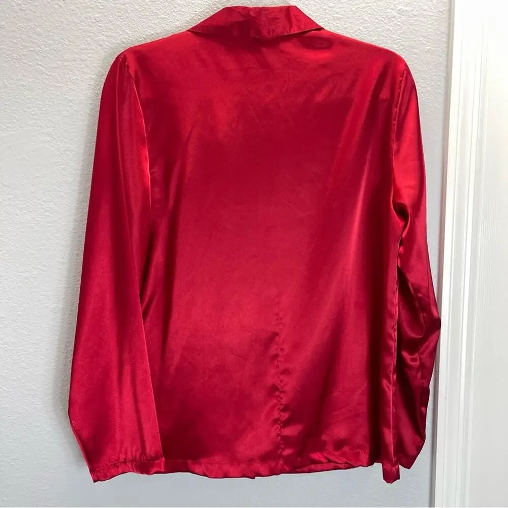 Vintage Fredericks Of Hollywood Satin Pajama‎ Set Red Black Lace 3 Pc Sleepwear